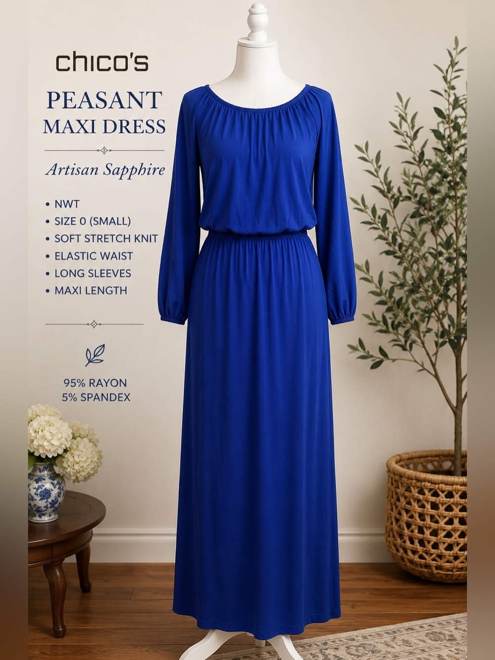 Chico’s • NWT Artisan Sapphire Peasant Maxi Dress • Long Sleeve • Sz S (0)